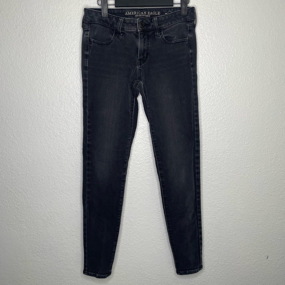 American Eagle Super Stretch X4 Jeggings Black Faded Denim Size 4 Long
